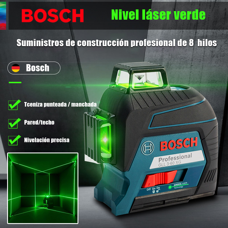 (3% de las personas compran este paquete)【Bosch】Nivel Láser de 8 líneas, visible a 60 metros en exteriores, dos modos de trabajo disponibles---90€