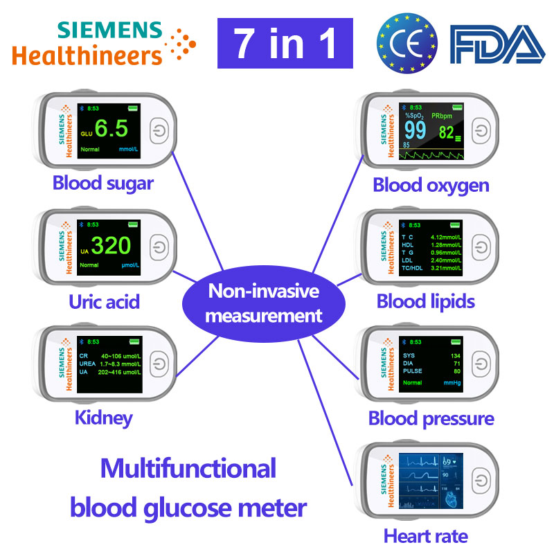 【7 in 1】Medidor de glucosa en sangre multifunción  (azúcar en sangre no invasivo+oxígeno en sangre no invasivo+ácido úrico no invasivo+frecuencia cardíaca no invasiva+presión arterial no invasiva+examen cardiopulmonar+examen de riñón)