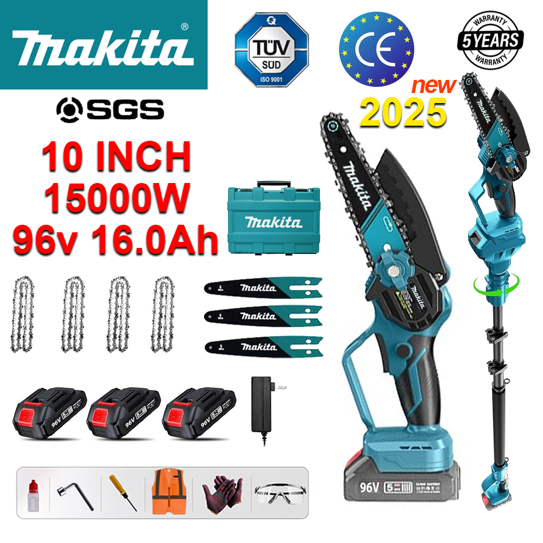 Pantalla LED de potencia (36 horas de duración de la batería) Sierra eléctrica de litio sin escobillas de 15000 W y 10 pulgadas (con varilla telescópica) + batería de 96 V 16,0 Ah * 3 + cargador + varilla guía * 3 + cadena * 4 + caja de herramientas + lubricante + gafas, garantía de cinco años