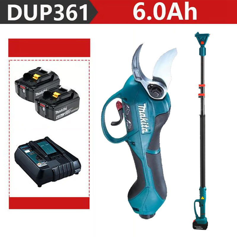 (Pértiga telescópica de 1,5 m) [Tijeras de podar MAKITA DUP361PT2 6000W + batería 48V/6.0Ah*2 + cargador] Duración de la batería 12 horas